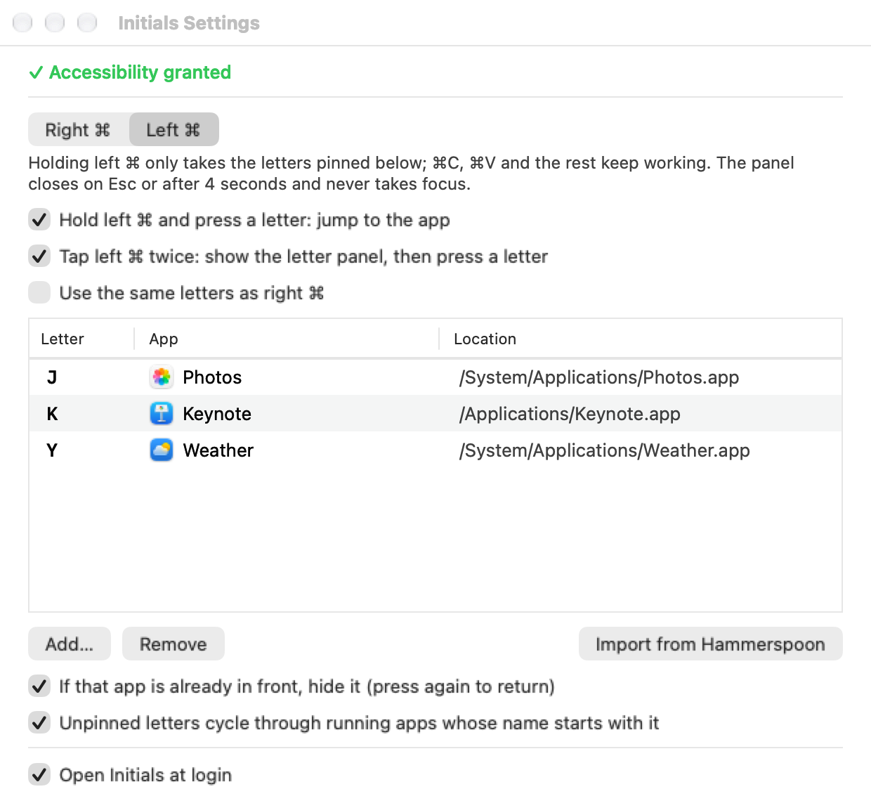 Actual English Settings view for left Command, with a separate example letter table