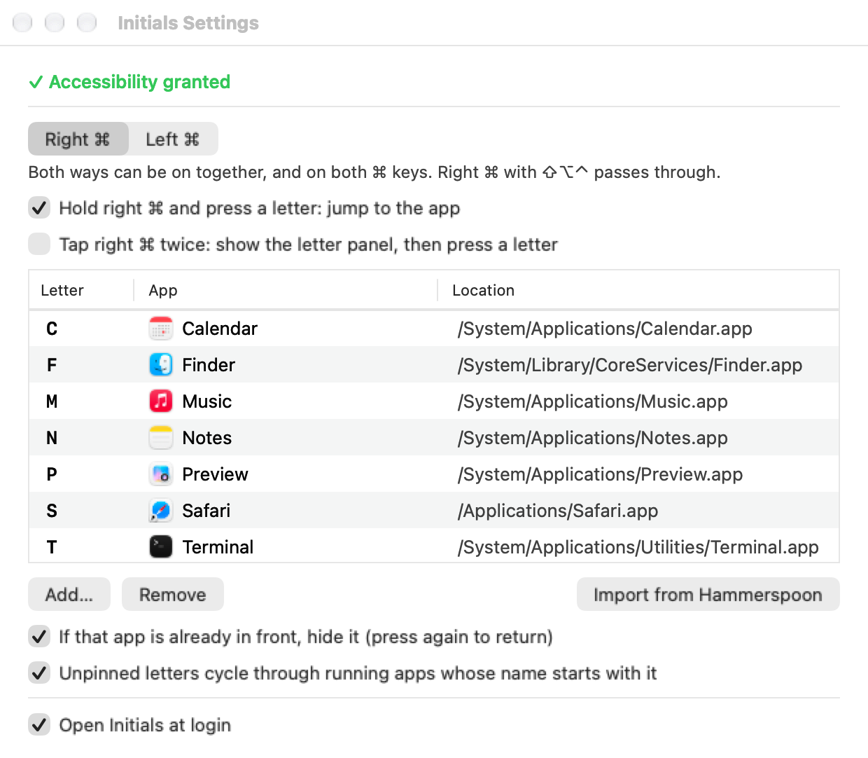 Initials · Switch apps by letter